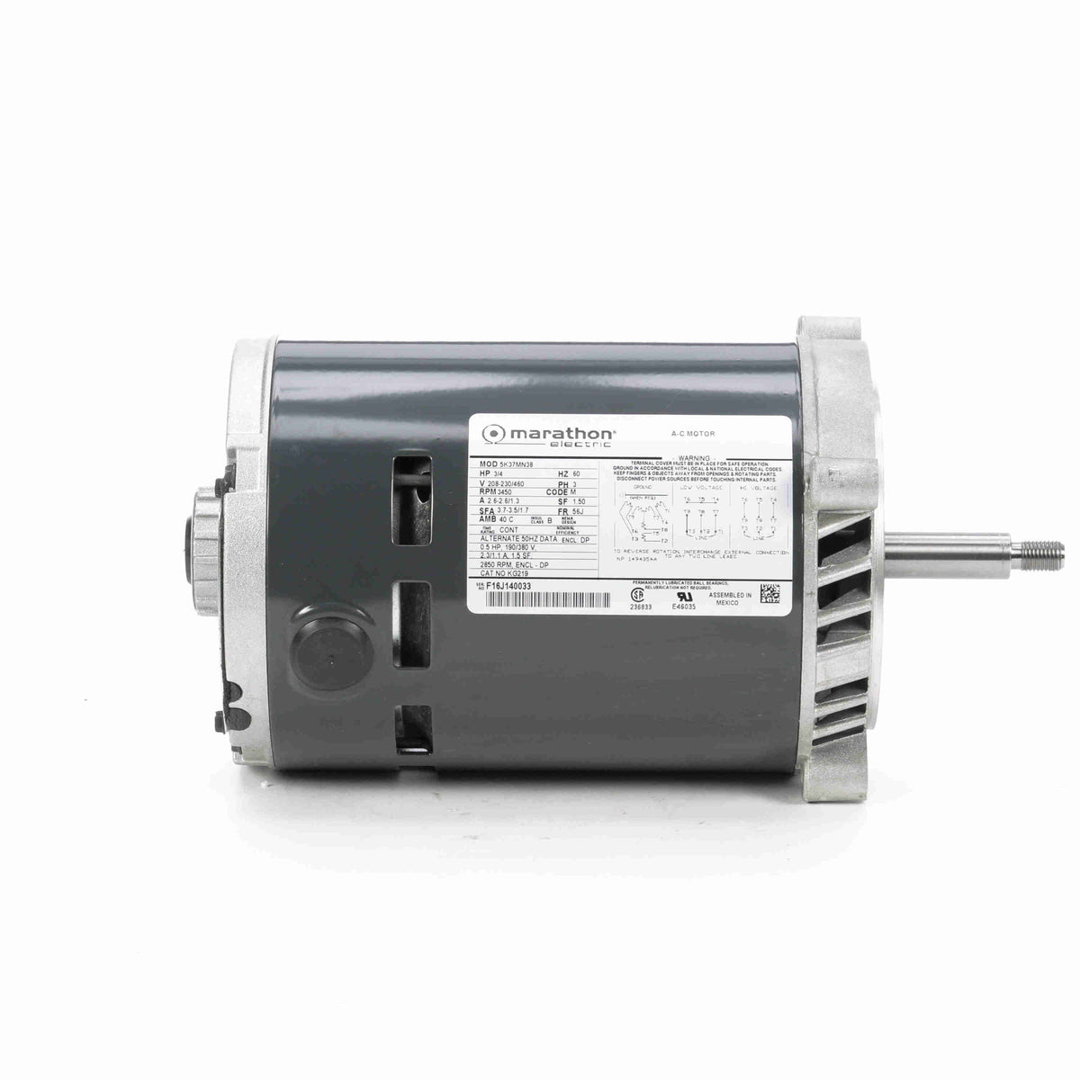 MKG219 Marathon Pump Motor, 3/4 HP, 3450 RPM, 208-230/460 V, Three Phase, 56J Frame, ODP