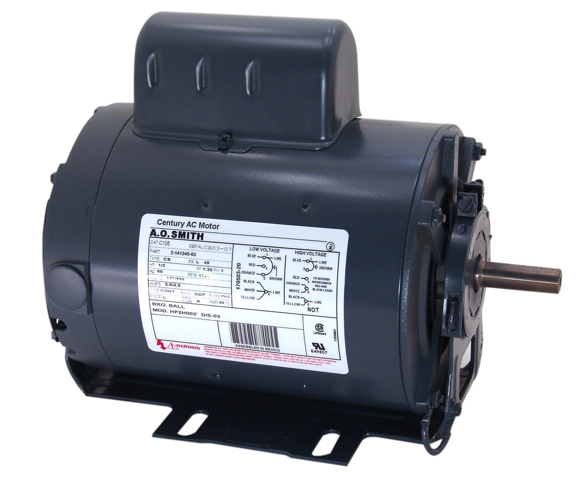 C196LA Century HVACR Motor 0.25 HP 1725 RPM 48 Frame